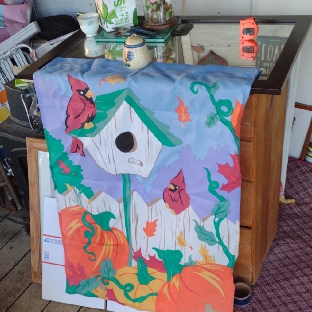 Colorful Birdhouse and Pumpkin Garden Flag